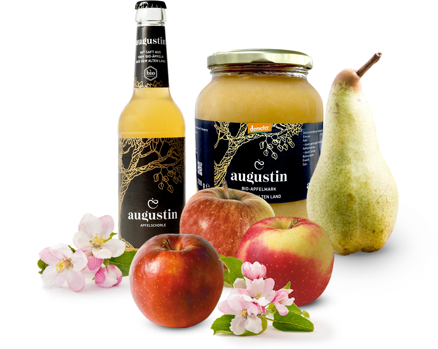 Bio Augustin Range mit Äpfeln, Birnen, Apfelschorle und Apfelmark